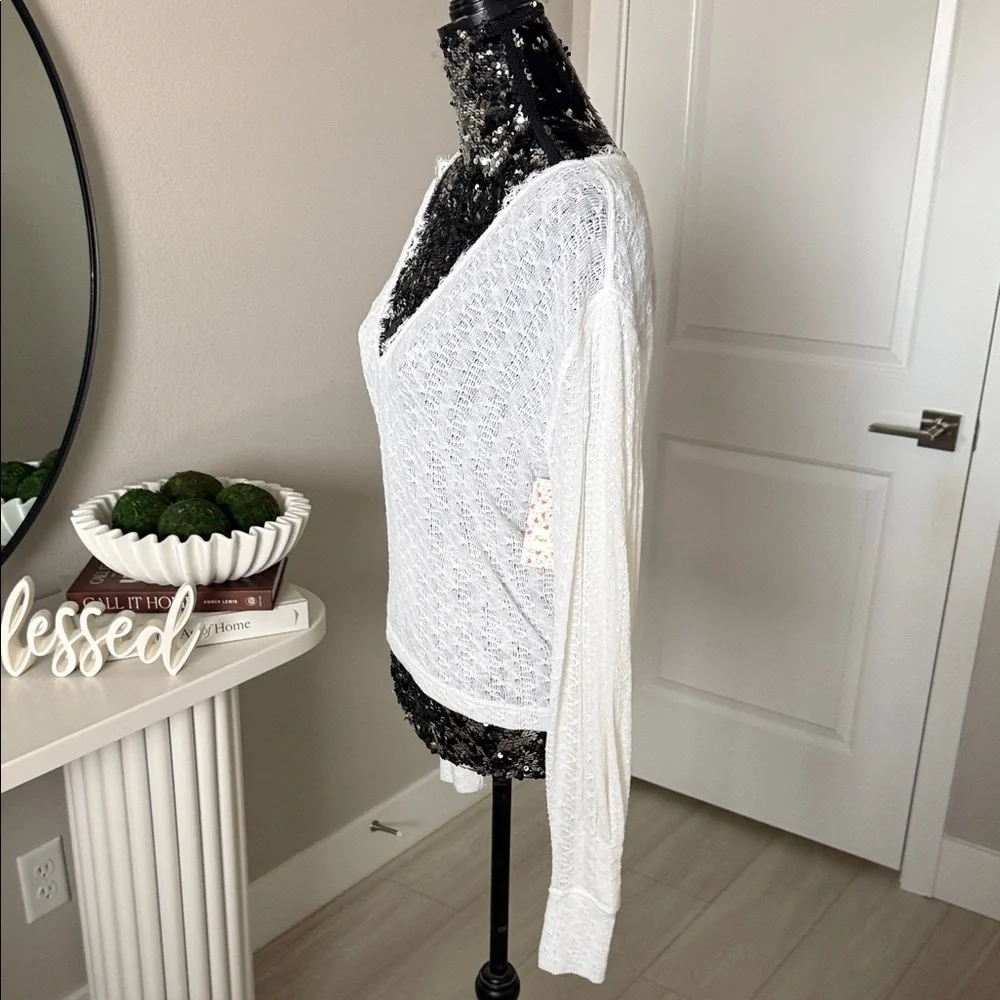 Free People White Lace V-Neck Top